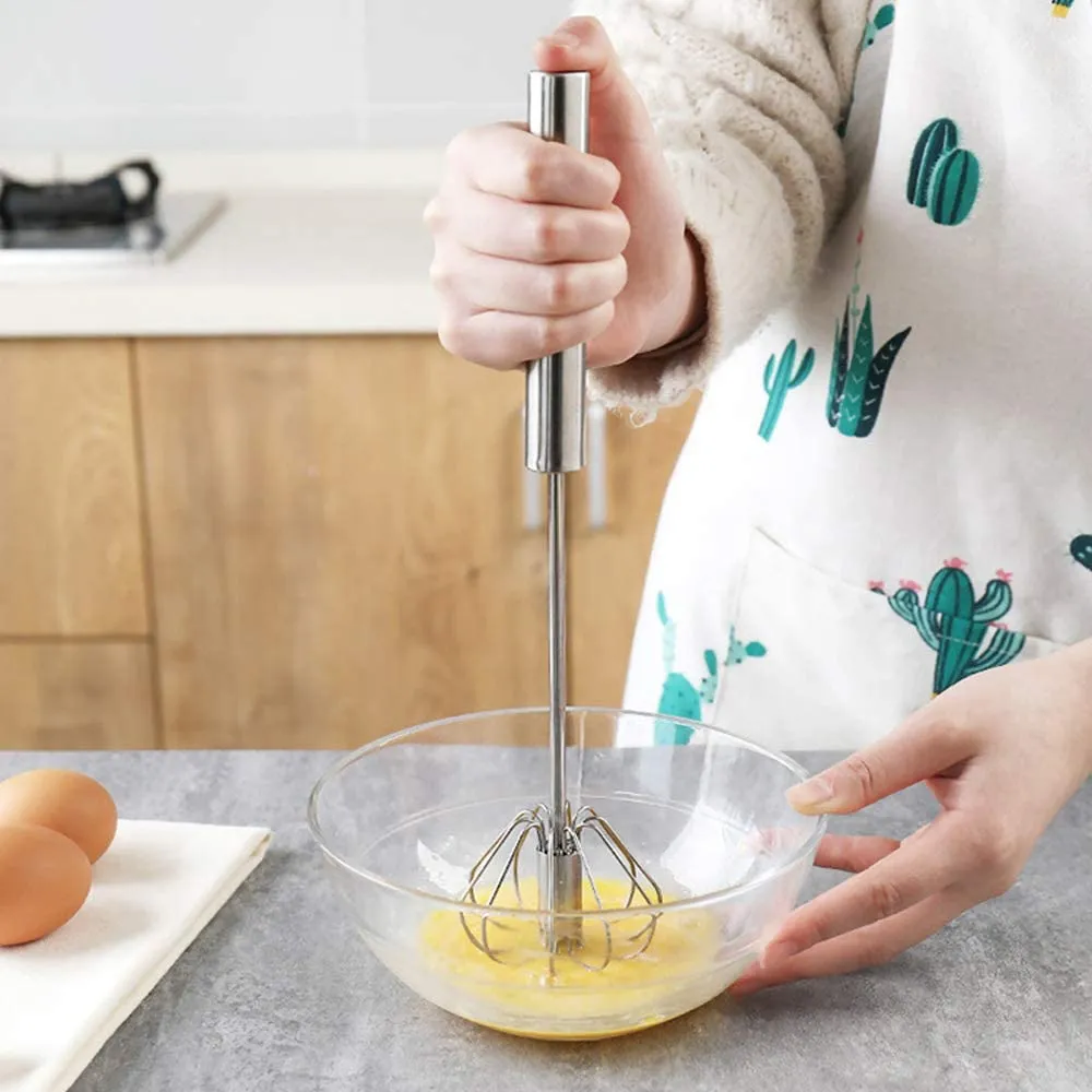 Egg Beater Whisk, Stainless Steel Hand Push Whisk Blender Rotating Push Semi-Automatic Egg Beater Hand Push Mixer Stirrer Kitchen Utensil for Whisking, Mixing, Blending, Stirring